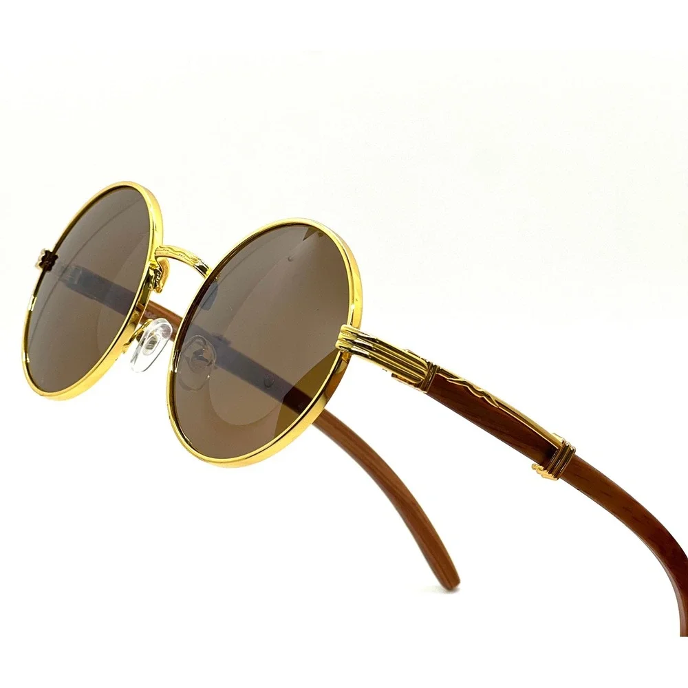 Round‎ Sunglasses Gold Frame Wood Accent Men's Fashion Classic 80's 90's Retro